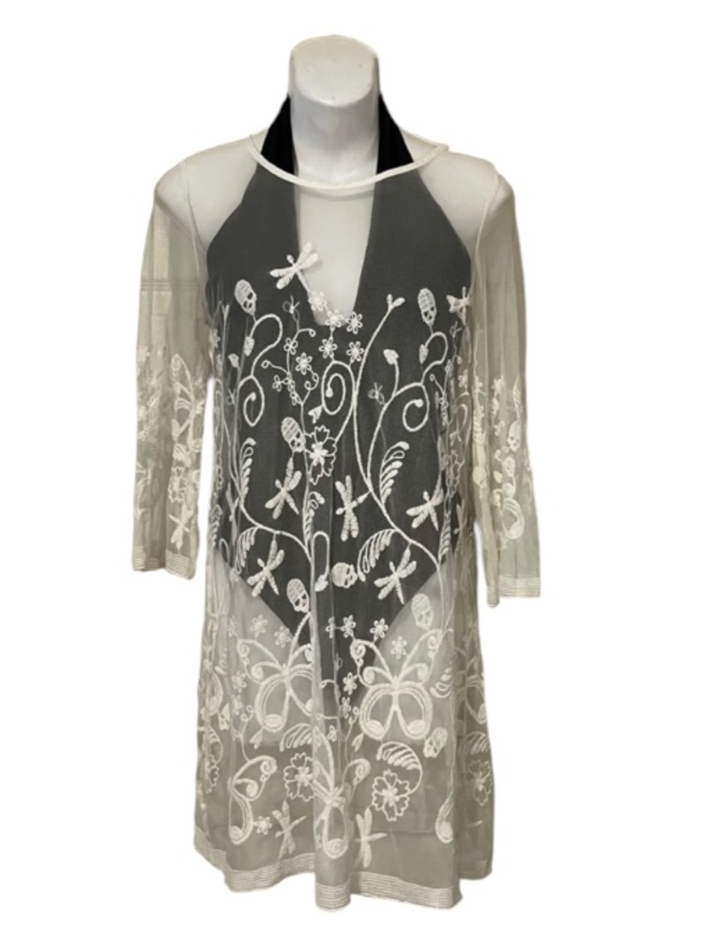 Bathing Suit Sheer Embroidered Fire Fly Skull Whimsical Coverup